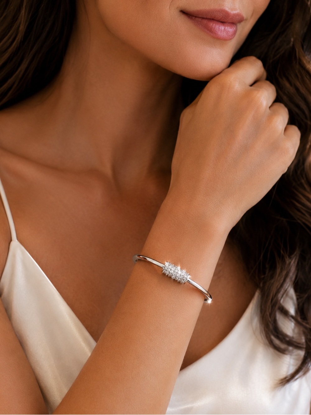 Lia Sophia Crystal Pave Bangle Bracelet Silver Tone Minimalist NWT Bridal